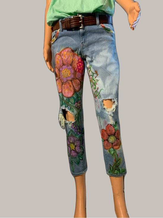 Upcycled Denim - Hand-Painted Floral Light Wash Women's Jeans - Pink & Orange Accents